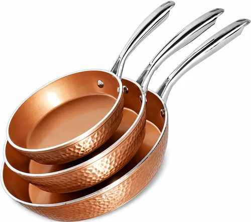 Miniatura 8 de Gotham Steel Juego de sartenes martilladas, 3 sartenes antiadherentes de cobre, sartén de 8, 10 y 12 pulgadas, sartén para tortillas, utensilios