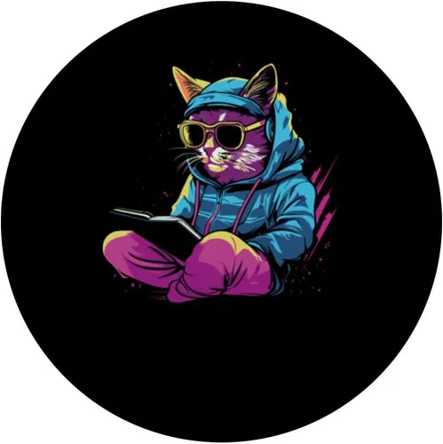 Miniatura 3 de Cat Books Kitten - Pet Owner Feline Synthwave Cat PopSockets Standard PopGrip