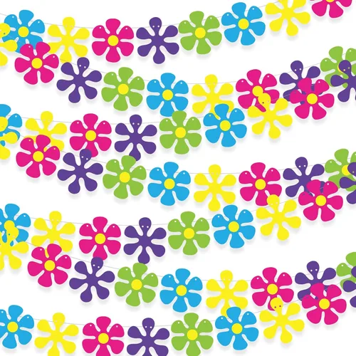Miniatura 8 de Thenshop Paquete de 5 guirnaldas de papel hippie de los años 60 y 70, decoración de teñido anudado, recortes colgantes de flores retro groovy