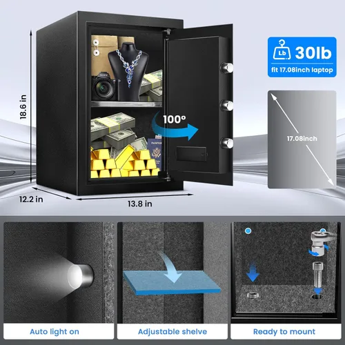 Miniatura 2 de Caja de seguridad de 2.5 pies cúbicos para documentos del hogar - Caja de seguridad electrónica digital de acero, caja de seguridad personal