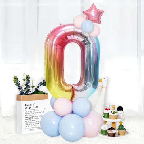 Miniatura 3 de Globos gigantes de 40 pulgadas arcoíris con número 0, globos de cumpleaños, globos de helio de mylar de lámina para decoraciones de fiesta