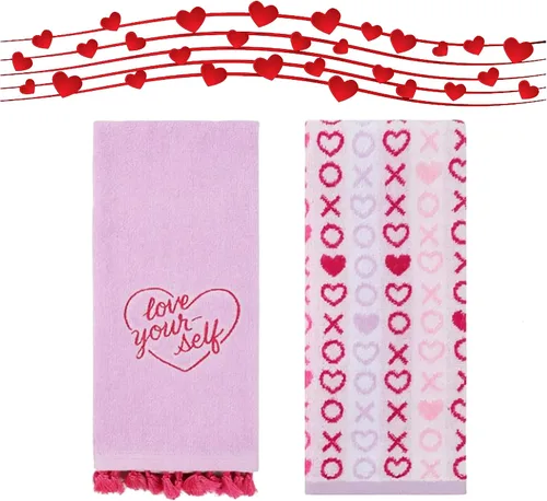 Miniatura 5 de Toallas de mano de baño de San Valentín, juego de 2 toallas de terciopelo de algodón morado y rosa con corazones bordados para decoración de baño