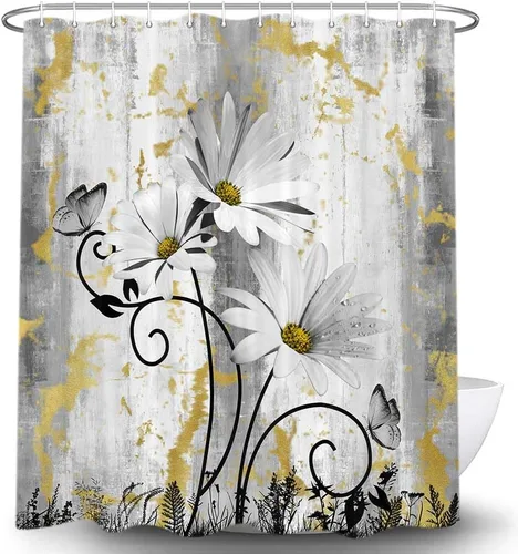Miniatura 2 de Cortina de ducha rústica de granja, margaritas amarillas y grises con mariposa sobre fondo de madera campestre para baño, gris y blanco con 12
