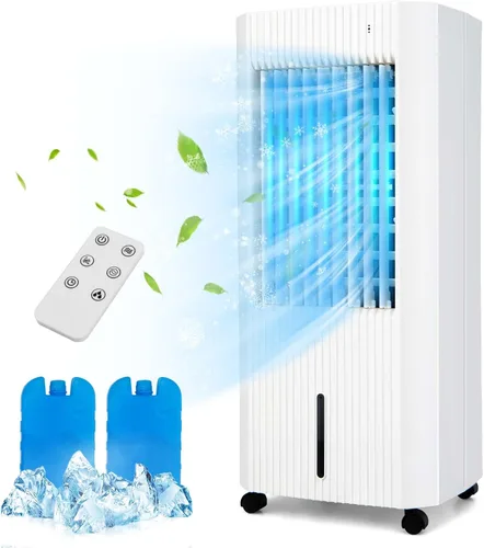 PETSITE Enfriador de aire evaporativo, ventilador de enfriamiento 3 en 1 y humidificador con control remoto, 2 paquetes de hielo, temporizador de 15