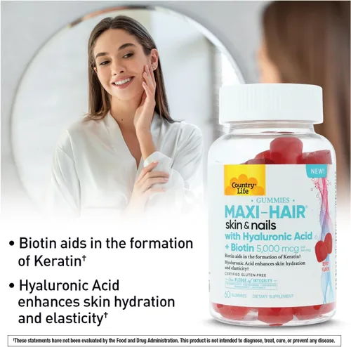 Miniatura 3 de Country Life Maxi-Hair - Gomitas para piel y uñas con ácido hialurónico y biotina de 5,000 mcg - Apoya el crecimiento del cabello, la hidratación