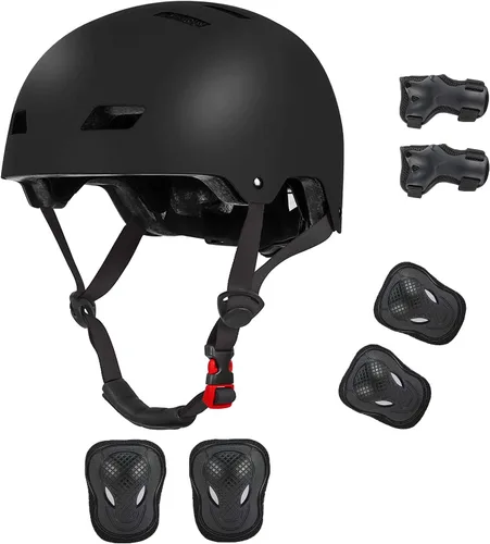 Casco de bicicleta para niños de Banzk, para edades 3-5-8-14+, para niñas y niños, casco con rodilleras, coderas y muñequeras, ventilación, #5 negro