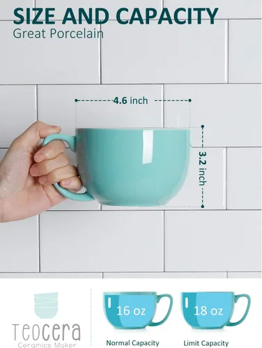 Miniatura 3 de Teocera Juego de 4 tazas de café turquesa de cerámica de 16 onzas, juego de tazas grandes con asa para bebidas frías o calientes como cacao, leche