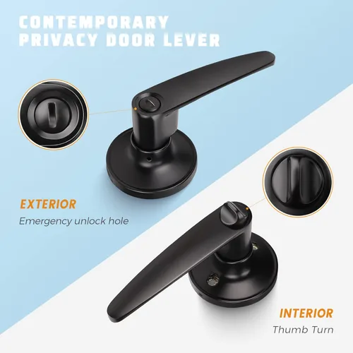 Miniatura 2 de KNOBWELL Juego de 10 manijas de puerta color negro mate, juego de manijas de puerta para privacidad para cama y baño, reversible para lado derecho