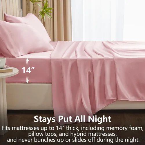 Miniatura 4 de CozyLux Sábanas de satén tamaño King – Juego de sábanas de 4 piezas color rosa con microfibra sedosa, 1 sábana bajera de bolsillo profundo, 1 sábana