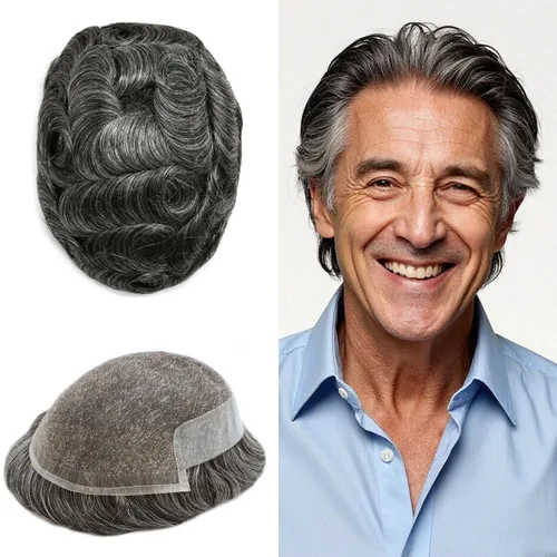 Miniatura 83 de LYRICAL HAIR Sistema de cabello humano con encaje frontal francés para hombres, tupé de piel de polietileno para hombres, línea capilar natural