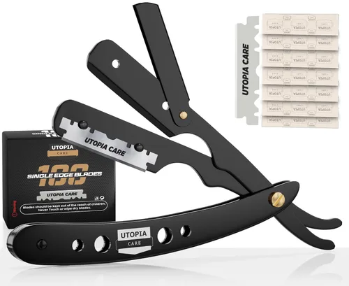 Utopia Care Maquinilla de afeitar recta profesional para hombres, peluquero de borde recto de seguridad con 100 cuchillas, color negro