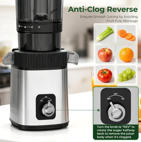 Miniatura 5 de Máquina exprimidora lenta de prensa en frío, exprimidor compacto de masticación lenta para verduras y frutas, canal de alimentación de 4.4 pulgadas