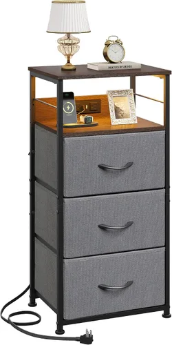 Miniatura 13 de WLIVE Mesita de noche con estación de carga, mesita de noche de 31.9" de altura con 3 cajones de tela, mesa de noche con LED con puertos USB
