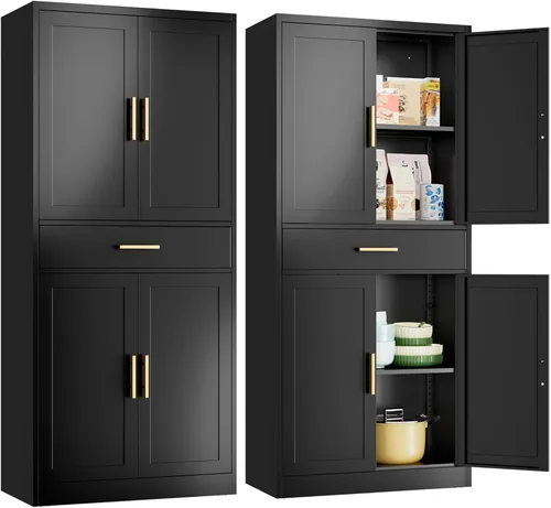 Miniatura 9 de Gabinete de metal para despensa de cocina, 71 pulgadas de alto x 28 pulgadas de ancho x 14 pulgadas de profundidad con 2 puertas y 4 estantes Negro