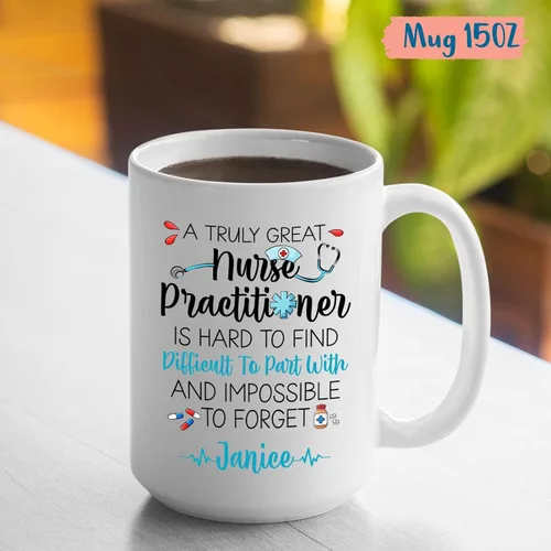 Miniatura 5 de Taza personalizada para enfermera practicante, 11 oz y 15 onzas, cerámica blanca, mango en C, nombre personalizado, regalo de jubilación NP