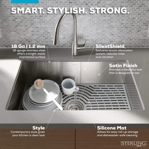 Miniatura 7 de Sterling K-20243-PC-NA Ludington - Fregadero de cocina de 34 pulgadas con montaje inferior con accesorios, lavabo frontal de delantal, acero