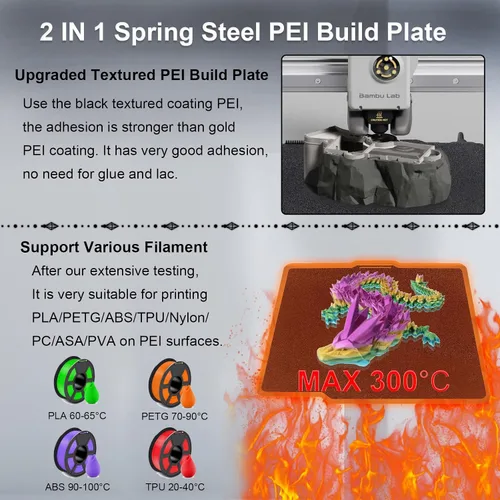 Miniatura 5 de IdeaFormer-3D Placa de construcción de doble cara negra PEI para Bambu Lab X1/X1C/X1E/P1P/P1S/P2S/A1, lámina de acero para muelles flexible