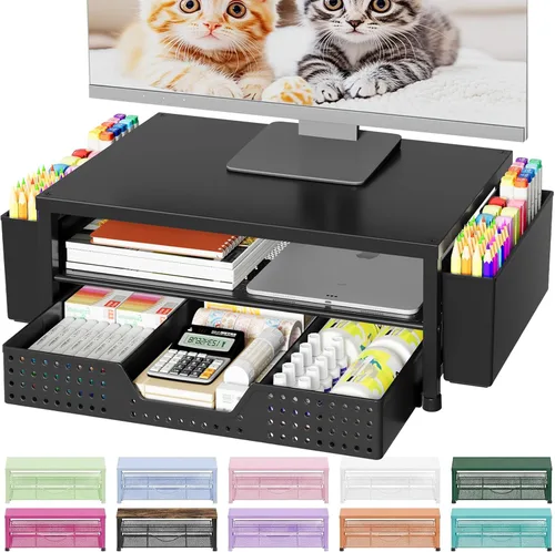 Miniatura 20 de OPNICE - Organizadores y accesorios de escritorio, con soporte de monitor de computadora de 2 niveles, cajón y 2 soportes para bolígrafos, Roble