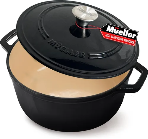 Miniatura 24 de MÜELLERHOME Horno holandés de hierro fundido esmaltado, 6 cuartos de galón, resistente, cazuela con tapa y perilla de acero inoxidable, para todas