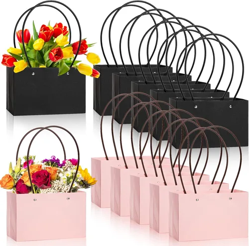 DEAYOU Paquete de 12 bolsas de regalo de flores de papel kraft, caja de ramo con asa, pequeñas bolsas de papel con forro impermeable para arreglos