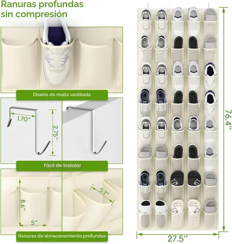 Miniatura 2 de Organizador de zapatos colgante sobre la puerta con 40 bolsillos grandes de malla transpirable, soporte de zapatos que ahorra espacio, estante