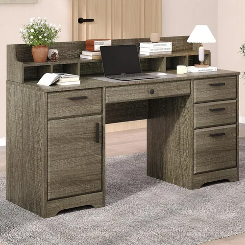 Miniatura 9 de Escritorio ejecutivo de 58 pulgadas con cajones de archivos, escritorio para computadora con almacenamiento, escritorio rústico con estantes