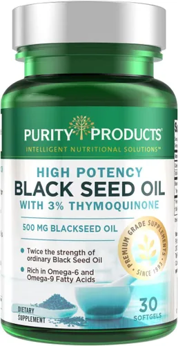Purity Products Aceite de semilla negra de alta potencia, doble fuerza + prensado en frío, 3% de timoquinona, 500 mg de aceite de semilla de comino
