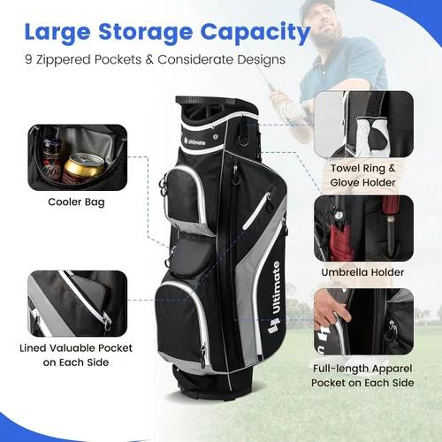 Miniatura 2 de Bolsa de carrito de golf Tangkula con divisores superiores de 14 vías, bolsa ligera para palos de golf con 9 bolsillos, bolsa con enfriador, soporte
