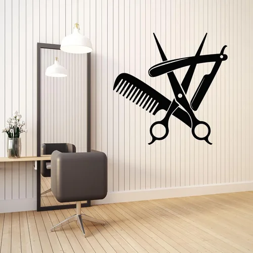 Vinilo adhesivo para pared, herramientas de peluquería, logotipo, afeitado, tijera, peine, calcomanías, mural, decoración grande (g8736), color negro