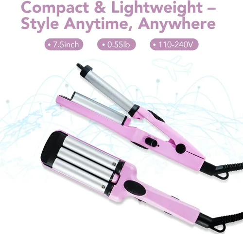 Miniatura 3 de Mini rizador de pelo, rizador de 3 barriles de 1/2 pulgada con doble voltaje, rizador de playa de viaje para cabello corto a mediano, morado