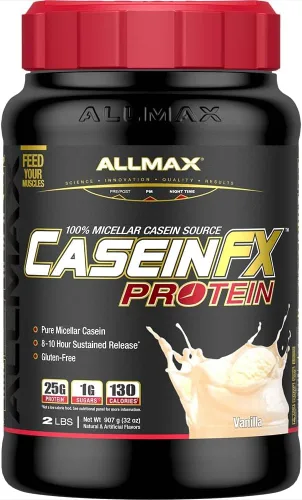 ALLMAX Proteína Casein-FX, vainilla, 2 libras, 0.88 oz de proteína de liberación lenta por cucharada, baja en carbohidratos y cero azúcar añadida,