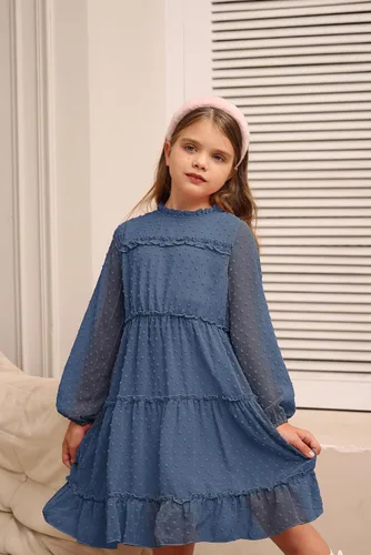 Miniatura 5 de GRACE KARIN Vestido escalonado con volantes para niñas, vestido acampanado de manga larga con lunares suizos, 6-12 años