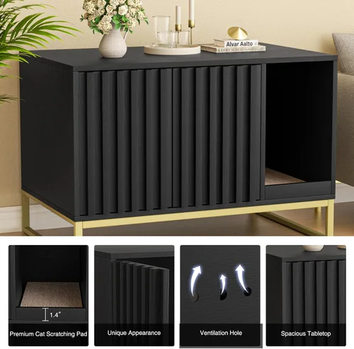 Miniatura 6 de Halitaa Caja de Arena para Gatos, Mueble Moderno de Caja de Arena para Gatos Caja de Arena Oculta con Almohadilla para Rascar, Mesa Auxiliar Casa