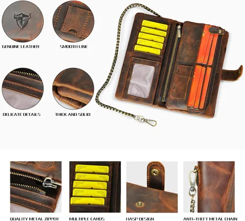 Miniatura 39 de Genuino Caballo Loco Cuero Regalo de Viaje Moneda Bolsillo Tarjetero Organizador Largo Cadena Rfid Cartera Monedero Con Broche Para Hombres Hombres