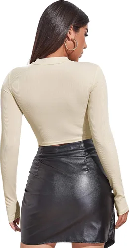 Miniatura 2 de SheIn Camiseta de manga larga para mujer con corte frontal y cuello alto falso básico