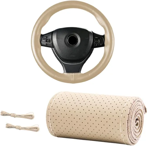 Funda de Volante de Cuero Genuino, 15 Pulgadas, Transpirable, Funda de Volante Envolvente con Costura, Protector de Costura DIY Antideslizante para