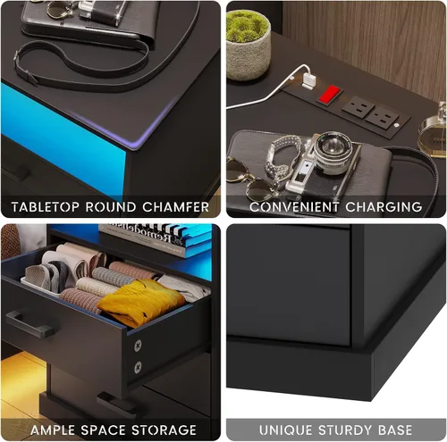 Miniatura 7 de Hasuit Mesita de noche con estación de carga y luces LED, mesita de noche grande con 3 cajones de almacenamiento, mesita de noche negra
