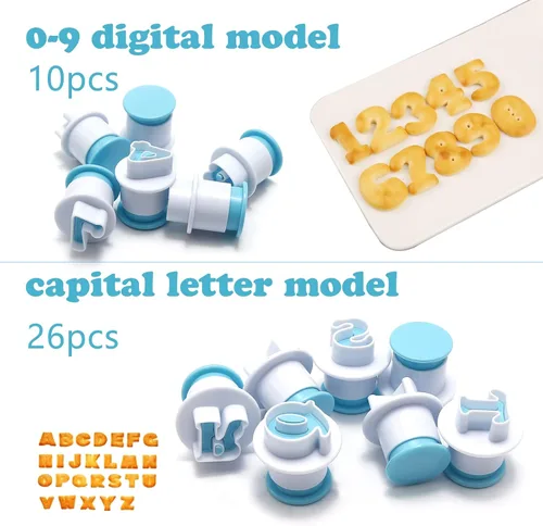 Miniatura 2 de Juego de 26 piezas de sellos para galletas con impresión, cortadores de galletas con letras del alfabeto, molde para galletas y bizcochos