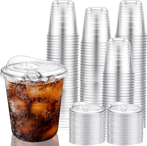 Miniatura 9 de LemonRoad Paquete de 200 vasos de plástico transparente de 12 onzas con tapa para sorber sin pajilla, taza de café helado de plástico desechable