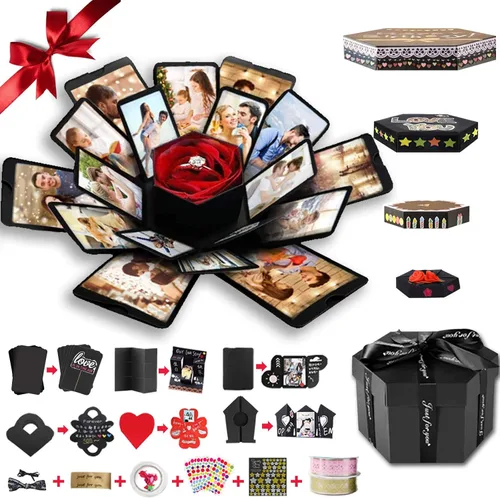 Wanateber Caja de explosión, caja de regalo de explosión con 6 caras, parte principal, caja de fotos hecha a mano, para regalo de cumpleaños, Negro