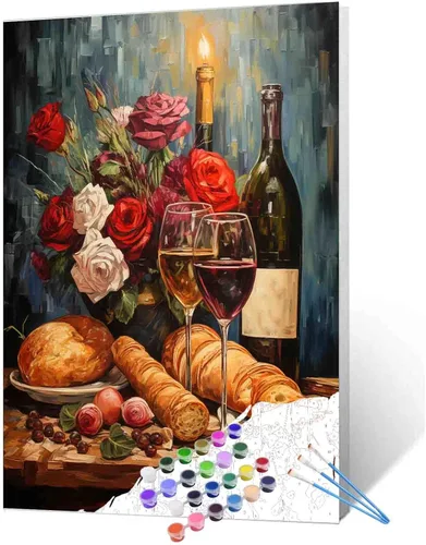 Miniatura 22 de Pintura de fiesta de vino tinto por números para adultos principiantes, vino vintage en vidrio, pintura por números, pintura acrílica, lienzo