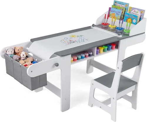 Costzon Mesa y silla de arte para niños, mesa de madera para manualidades con rollo de papel y contenedores de tela para dibujar, leer, estudiar y