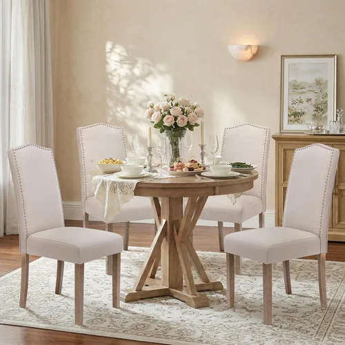 Miniatura 24 de Silla de comedor tapizada moderna y elegante Parsons con respaldo alto con ribete plateado de cabeza de clavo y patas de madera, juego de 2, tela