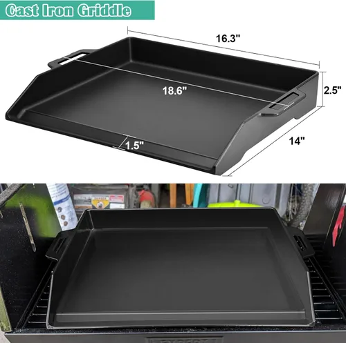 Miniatura 3 de Hiorucet Plancha de hierro fundido de 18 pulgadas, placa superior plana grande para parrillas de gas y horno de cocina, parrilla universal con asas