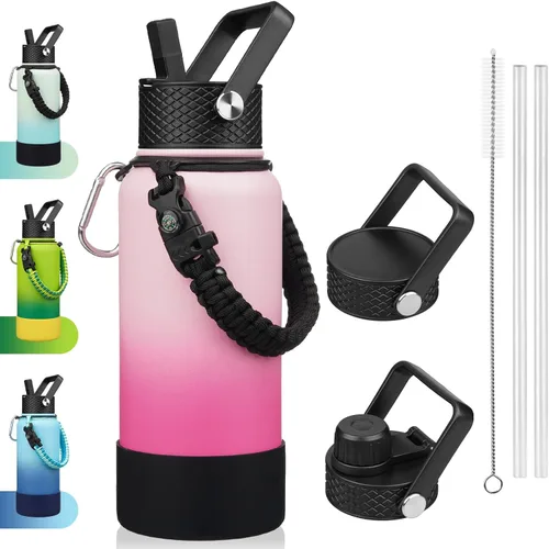 Miniatura 27 de BJPKPK - Botella de agua con tapa de popote, botellas de agua aisladas de 18 onzas con 3 tapas, asa de cuerda de paracaídas y base antideslizante