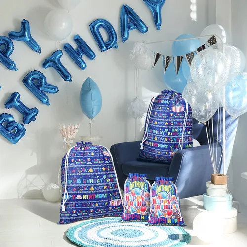 Miniatura 4 de Chapou 4 bolsas grandes de regalo de cumpleaños con cordón de 20 pulgadas, grandes de 12 pulgadas, medianas, reutilizables, de tela azul, para baby