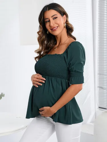Miniatura 3 de WDIRARA Blusa de maternidad de manga corta con volantes y dobladillo fruncido para mujer