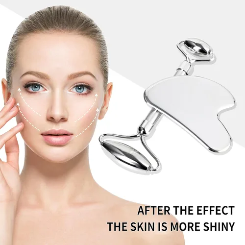 Miniatura 4 de Juego de rodillos faciales Gua-Sha para el cuidado de la piel facial, herramienta de escultura de piedra de acero inoxidable, rodillo masajeador