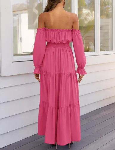 Miniatura 4 de ZESICA - Vestido largo, bohemio y sexy, con hombros descubiertos y manga larga fruncida, con elástico fruncido, cintura alta y abertura lateral