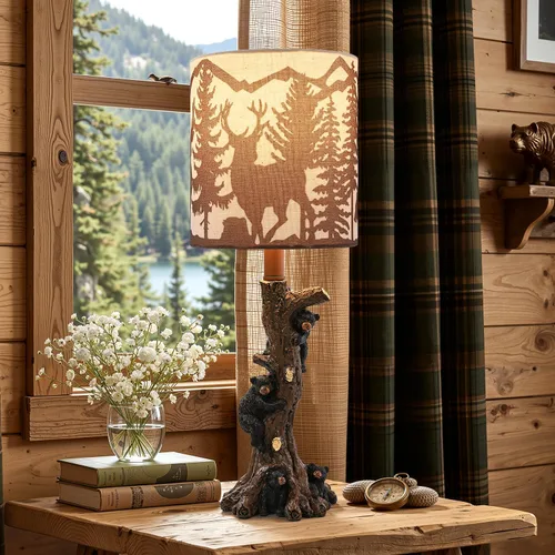 Miniatura 8 de LOKHOM Lámpara de mesa rústica con oso de escalada para dormitorio, lámpara de mesa de noche pequeña de 19 pulgadas con pantalla de bosque de osos